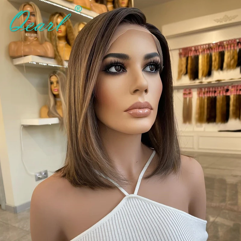 Qearl Cabelo-Straight Lace Frontal Perucas, Natural Chocolate Brown Destaques, Bob Peruca, Peruca de Cabelo Humano, Cabelo Virgem, 13x4, Venda, HD