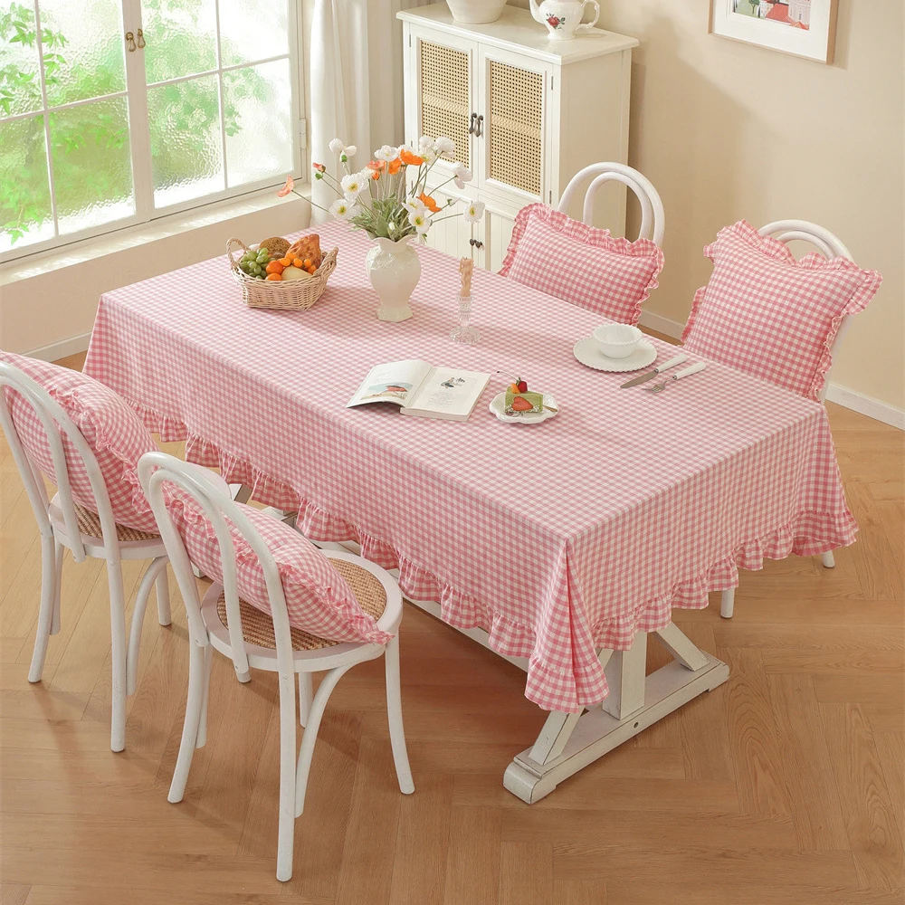 French Pastoral Pink Tablecloth Solid-Color Woven Plaid Cotton Contrasting Color Ruffled Edge Tablecloths Decoration Table