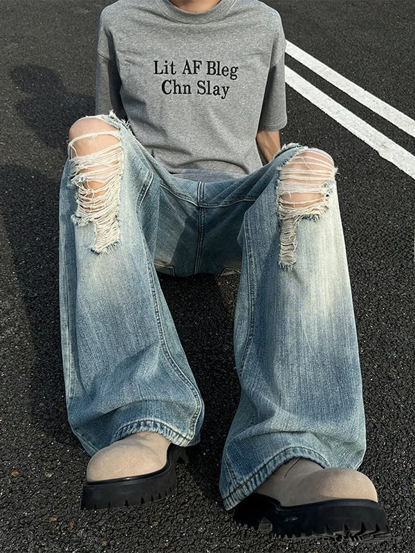 

American High Street Bamboo Pattern Jeans Men Summer Trendy Straight Loose Long Pants Casual Breathable Polyester Cotton Blend