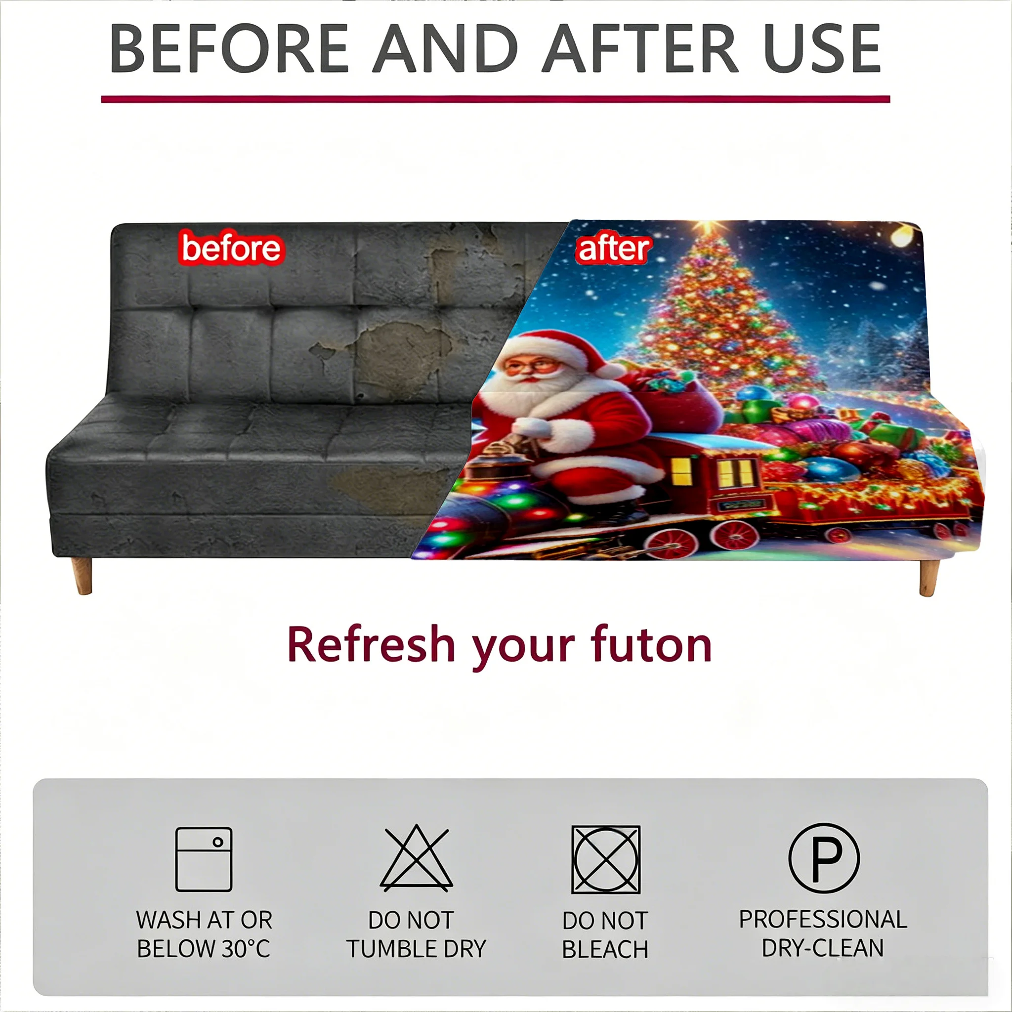 1PC Christmas Santa Train Snow View Village Printed Elastic Folding Sofa Bed Cover Holiday landscape Decoration Armless Sofa Bed
