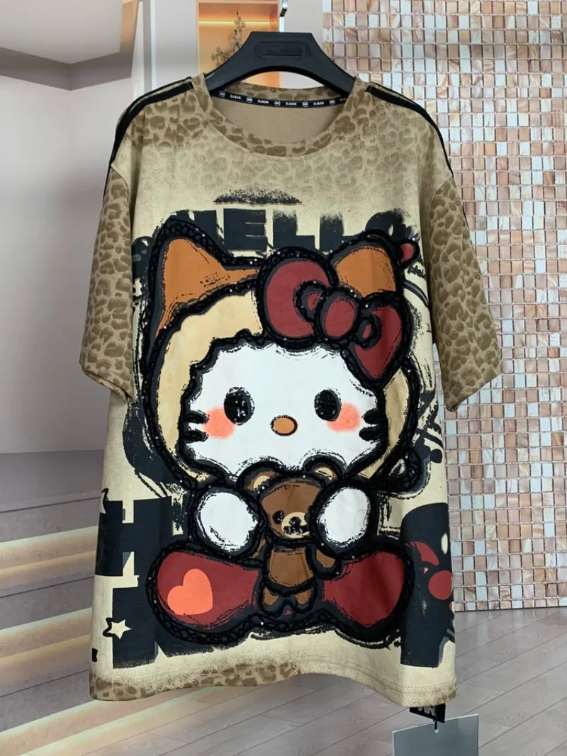 Kaos Trendy Motif Leopard Kartun Industri Berat, Model Longgar, Lengan Pendek, Penampil Awet Muda, Untuk Wanita