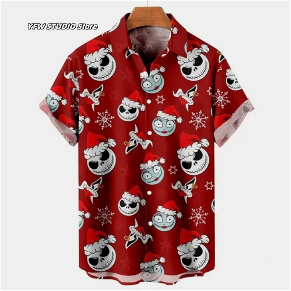 Christmas Men's Shirt Skull and Devil Graphic Short-Sleeved Printed Tshirt Loose Lapel Button Shirt Beach Party Clothing Men Top