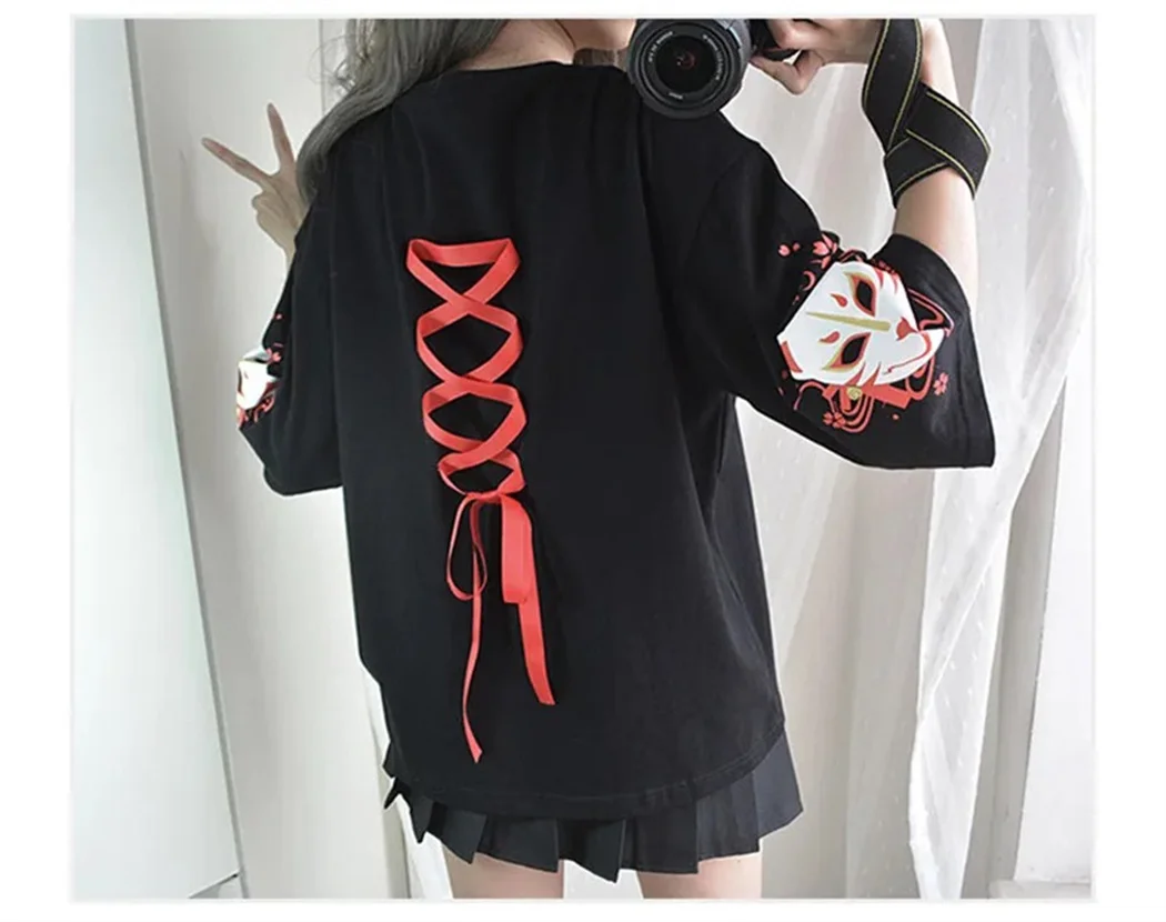 Anime Cosplay Costume T Shirt Fox Printed Lolita Women Girl Harajuku Spring Black Top Skirt Summer Clothing