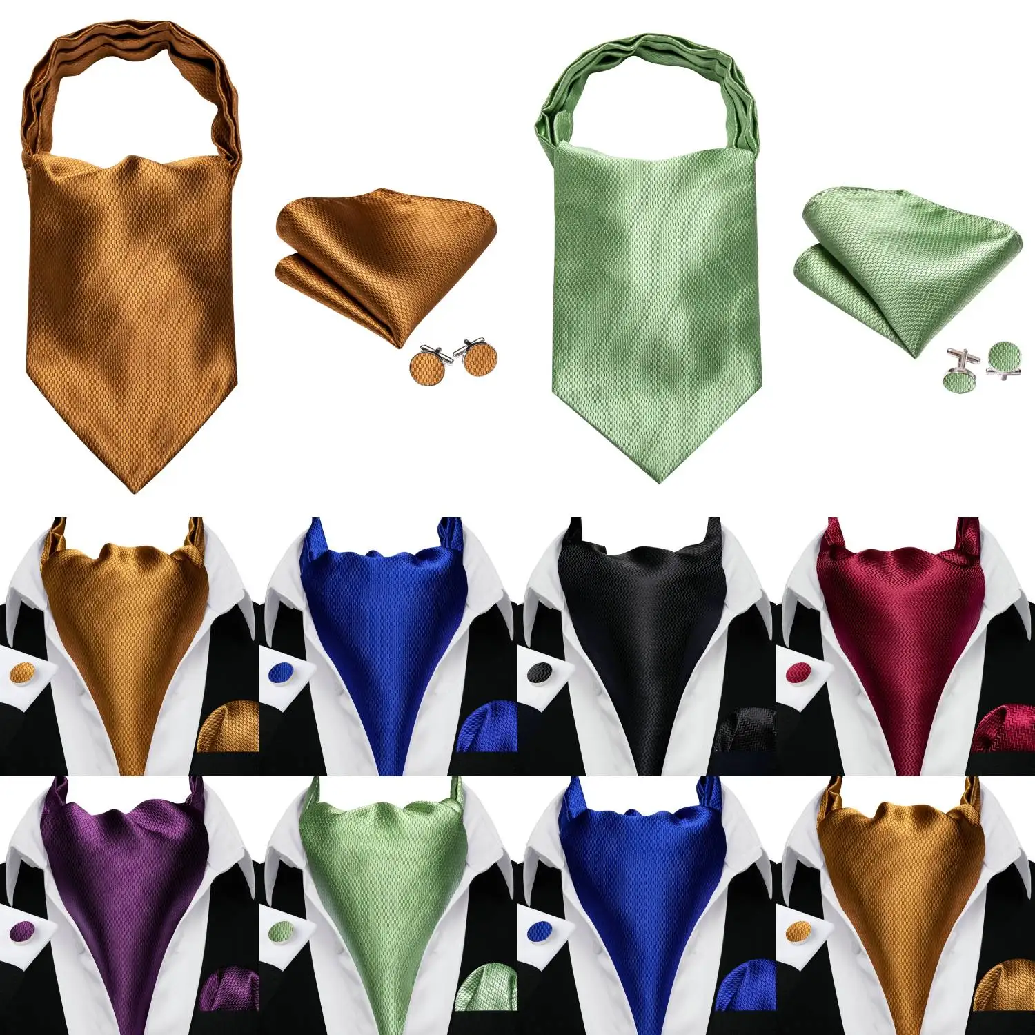 Barry.Wang Men's Ascot Pocket Square Cufflinks Sets Rose Red Green Blue Cravat Tie For Male Formal Casual Wedding Business Gift