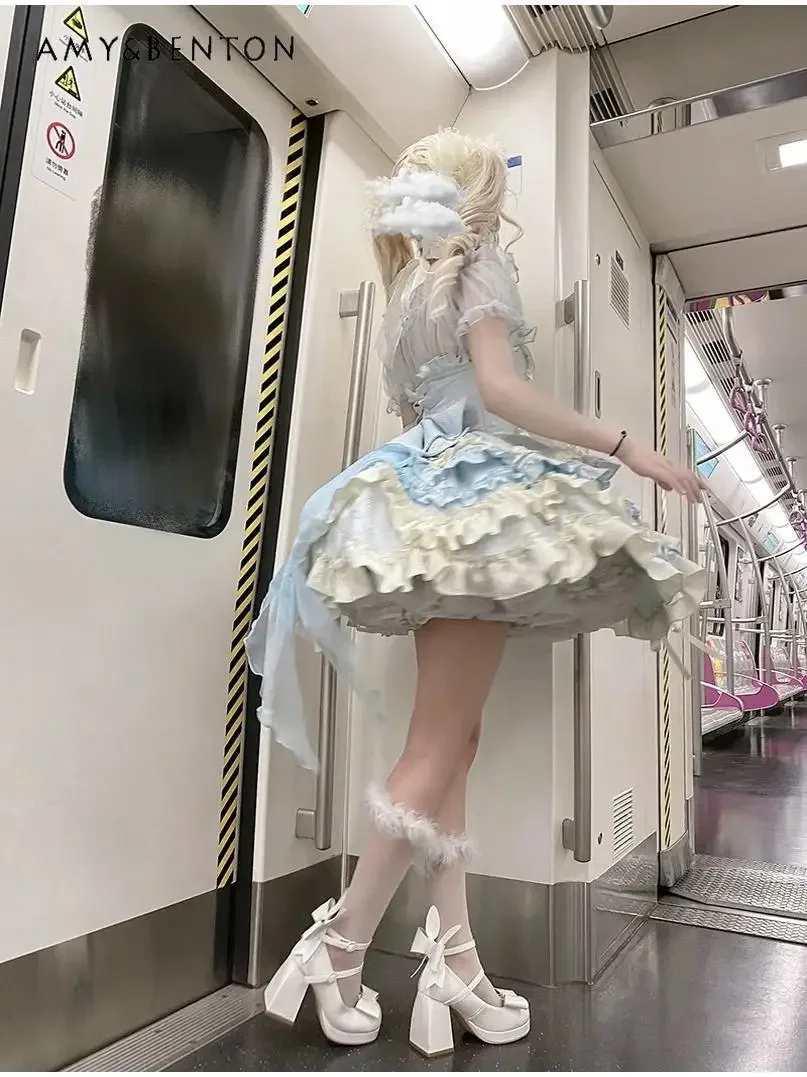 Doce diário lolita jsk princesa vestido de baile bonito arco tubo superior fino em camadas bolo vestido para mulheres gracioso vestido de festa verão