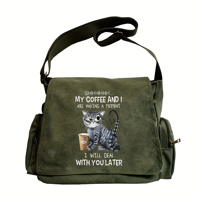 

Vintage Canvas Bag Large Capacity Army Green Women's Messenger Bag Cat Female Printed Shoulder Bag Commuting