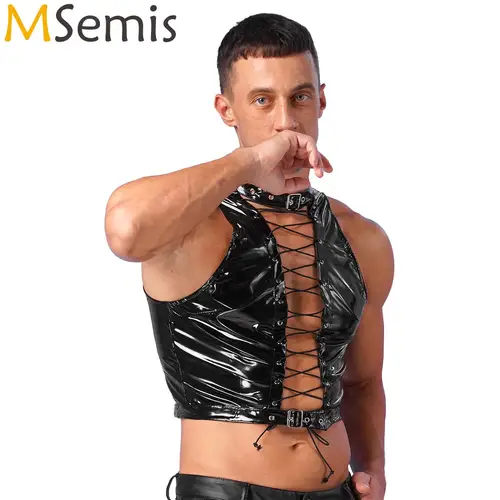 Imagen 1 del producto Moda para hombre, chaleco con cordones y ojales calados, Tops con aspecto húmedo de charol sin mangas, Top corto Rave para fiesta, ropa gótica Punk para discoteca