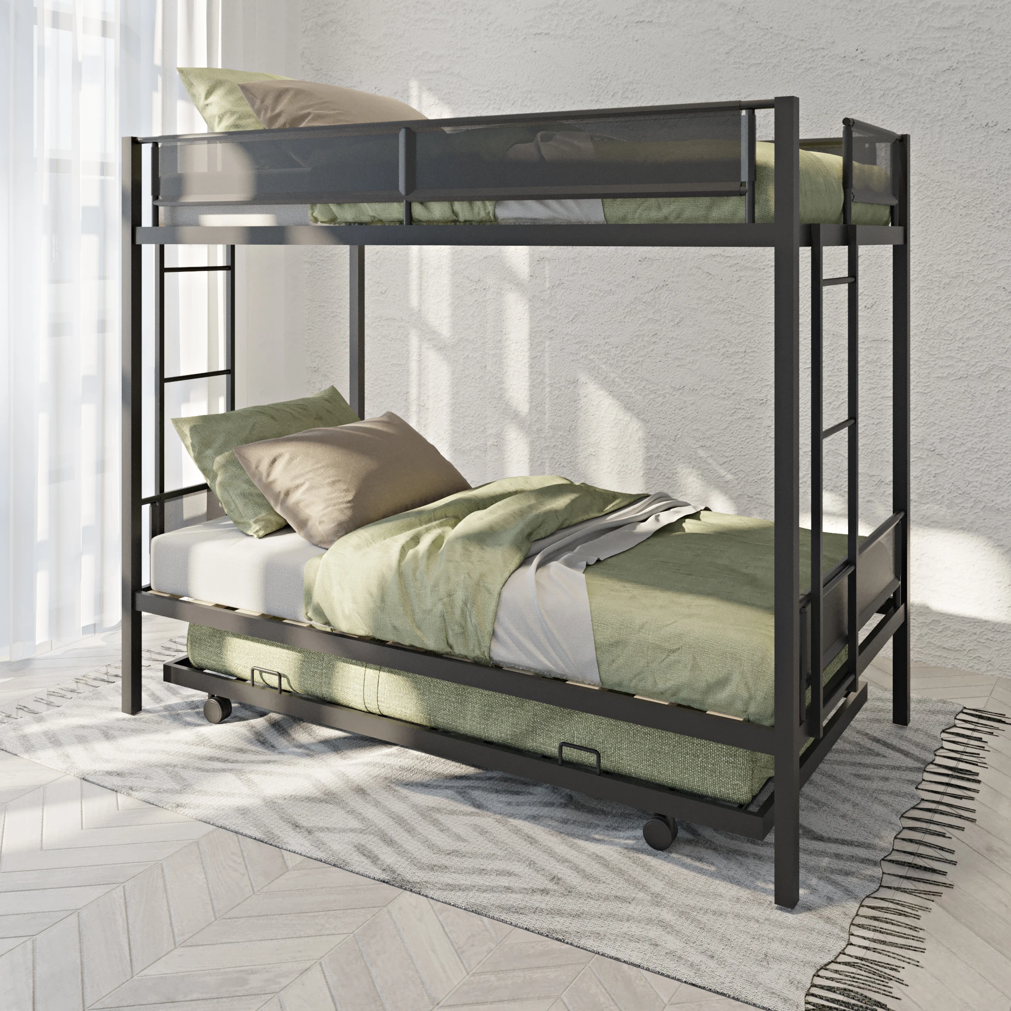 Twin over Twin Metal Bunk Bed with Trundle, Noise-Free Wood Slats, Textilene Guardrail 77.95x41.34x65.35 in.