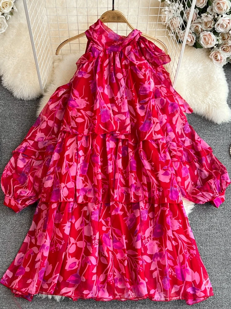 Vestido de chiffon com decote doce, ombro à mostra, praia, férias, linha a, estampa floral, maxi estilo coreano, manga cri...