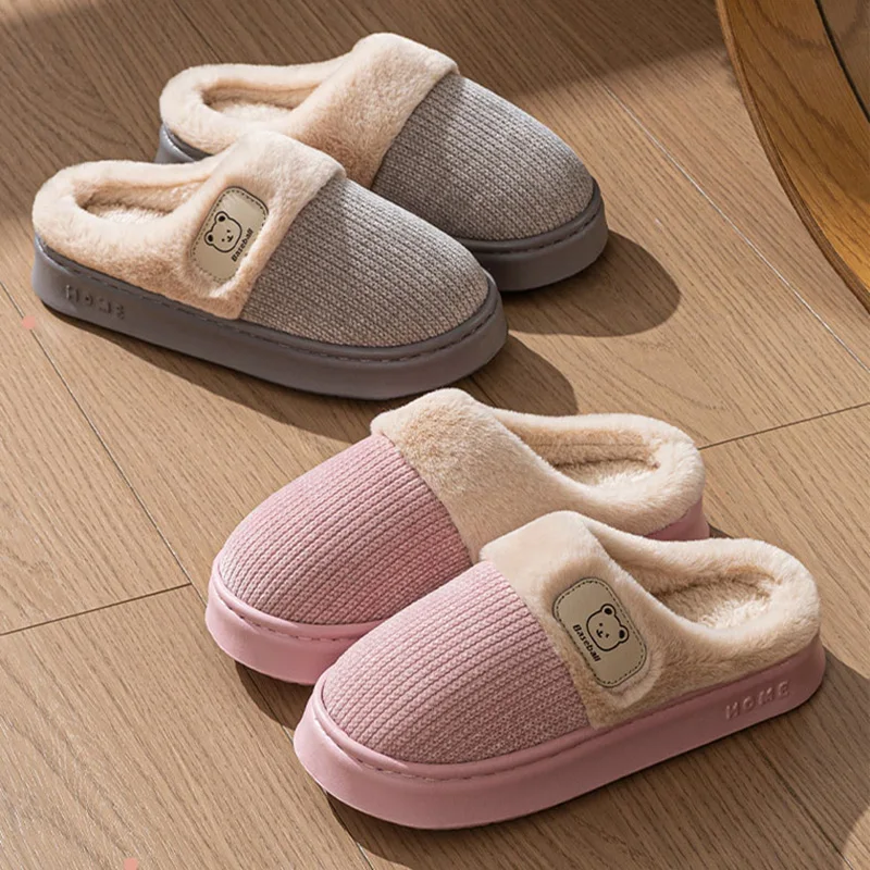 Couple Warm Plush Indoor Slippers Women Winter 2026 Soft Thick Bottom Fluffy Fur Slippers Plus Size Woman's Home Cotton Shoes