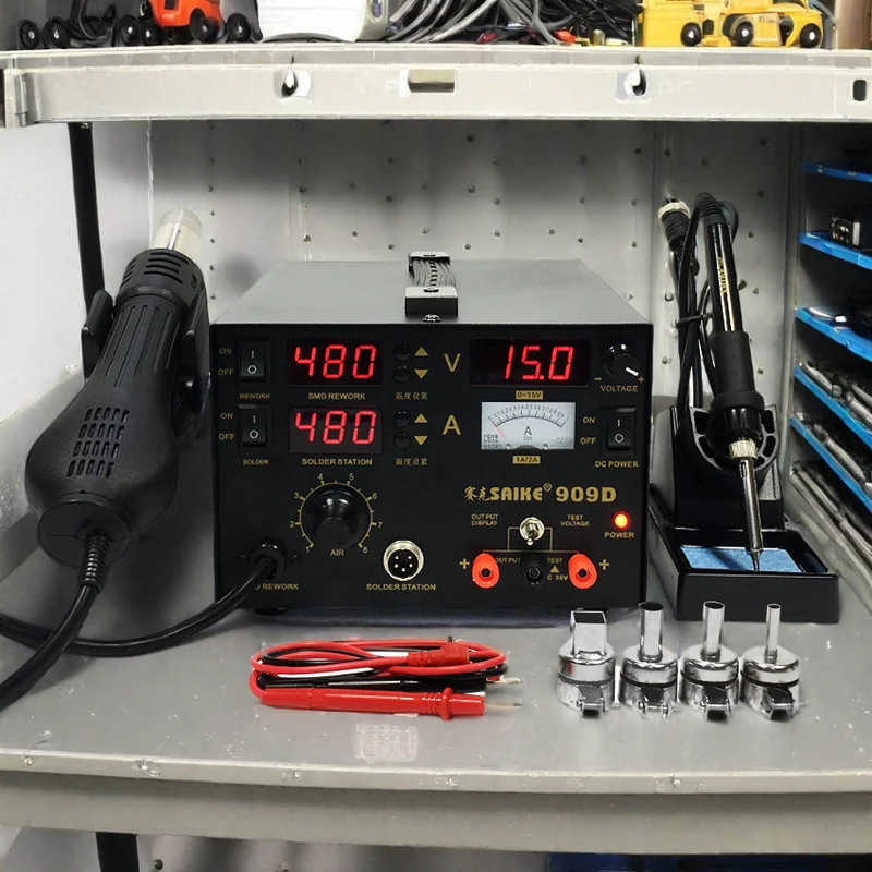 3 In 1 ปืนความร้อน Desoldering Station การประสาน เหล็ก + HOT AIR GUN + แหล่งจ่ายไฟ SAIKE 909D Rework Station