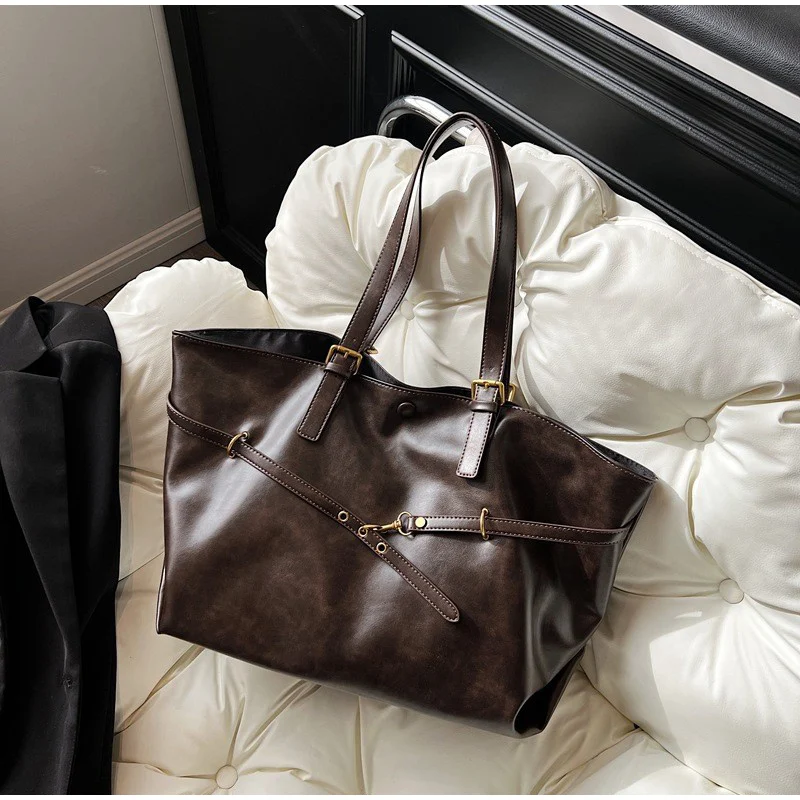 Europa Amerika Mode Einkaufstasche Retro Große Kapazität Umhängetaschen High-End Einfarbig Casual Bag Premium Leder Pendler Taschen – Detail 1
