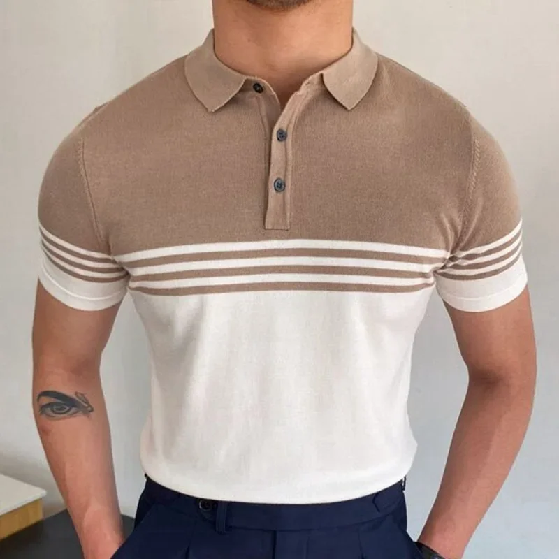 Pop Europe And The United States Casual Men's Summer New Knitwear Fashion Lapel Short Sleeve Color Matching Business Polo Shirt