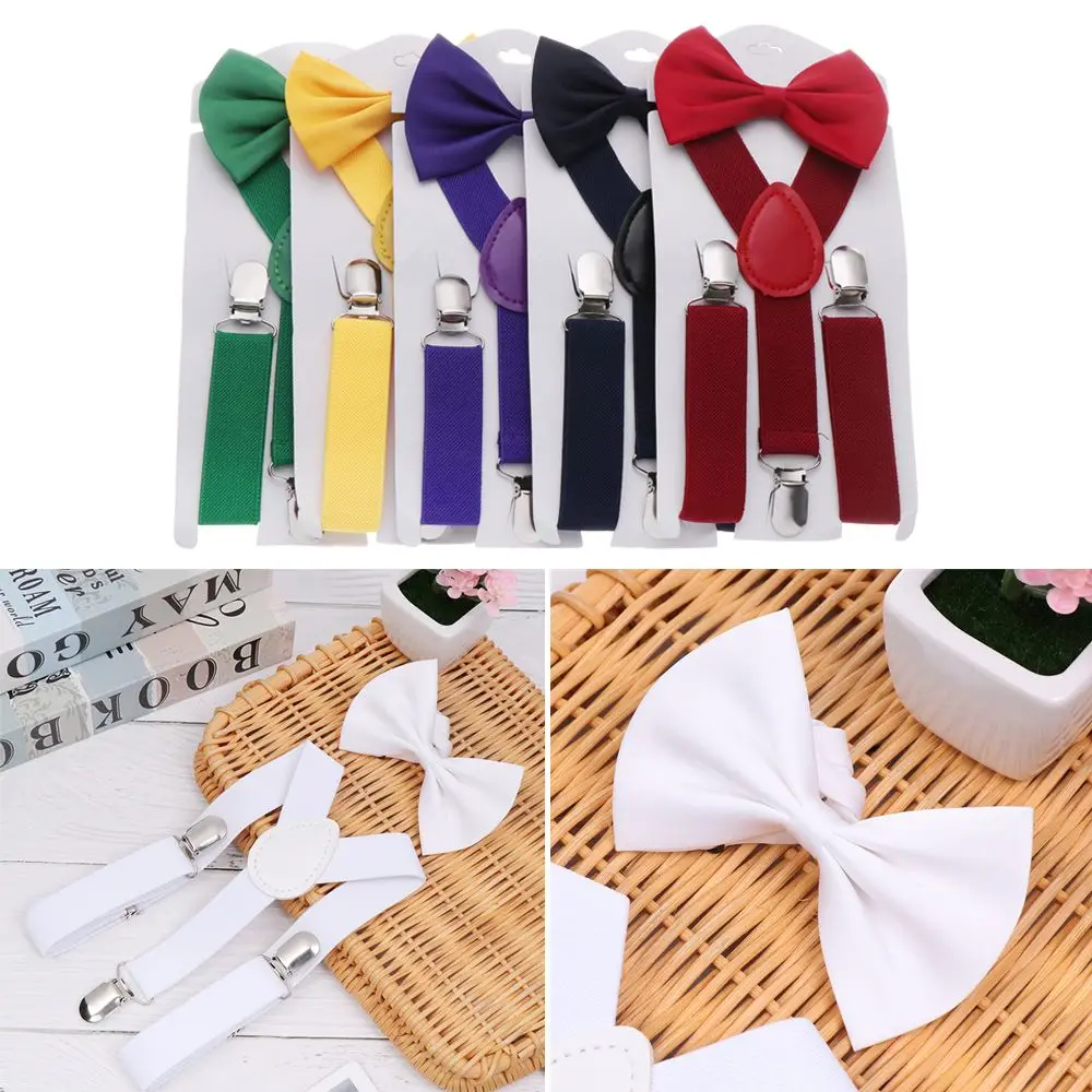 

Solid Color Clip-on Adjustable Children Wedding Dress Printed Bow Tie Cow Tie Belts Elastic Braces Suspenders