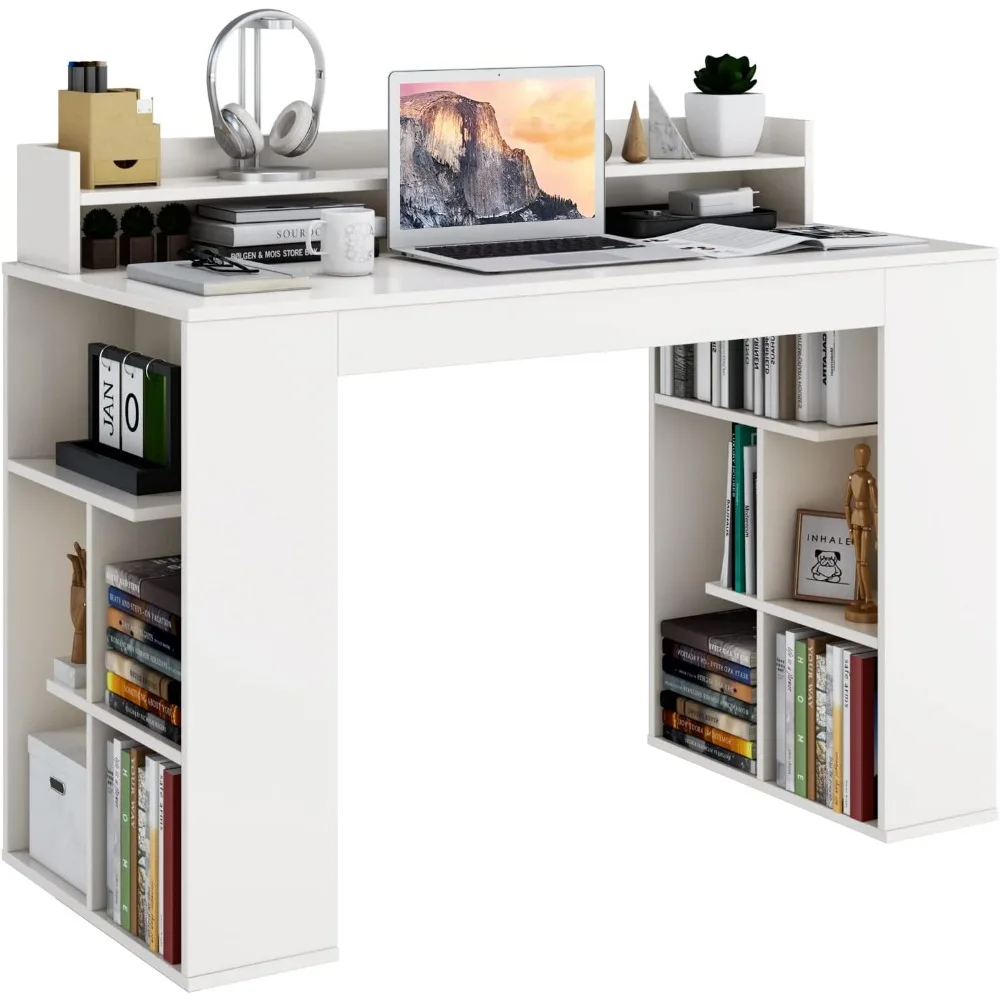 

48” White Desk with Storage Bookshelf, Home Office Computer Desk with Dual 3 Tier Bookshelf & Monitor Shelf, Study Wri