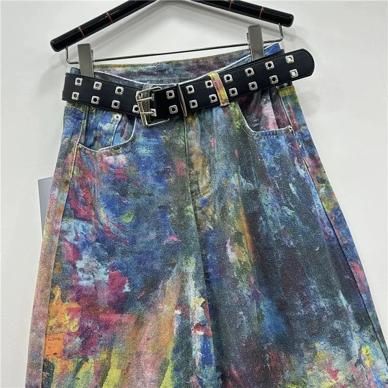 2025 Pantalones de pierna ancha con diseño teñido anudado hechos a mano europeos y americanos, pantalones sueltos con estampado de empalme de color contrastante, personalizados