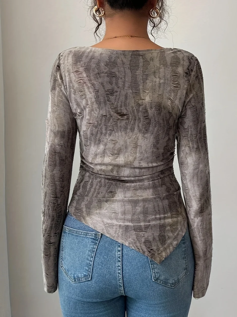 Women Grunge Tie Dye Long Sleeve Tee Bell Sleeve Asymmetric Draped Neck Slim Fit Elegant Casual Festival Street Party Date Daily