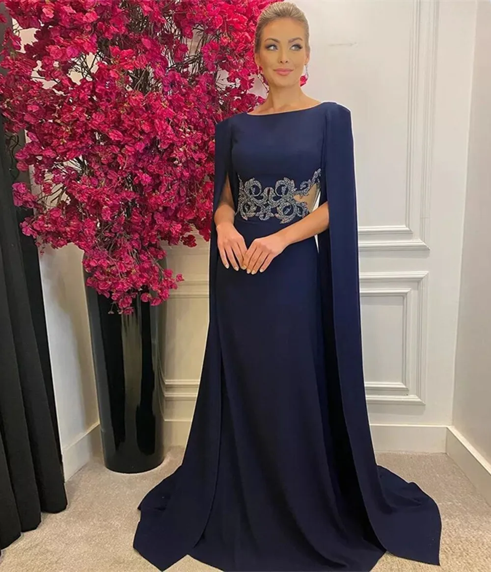 

Dark Blue A-Line Mother of the Bride Dresses Floor Length Scoop Jersey Women's Evening Dress with Beading Wedding Party Dress