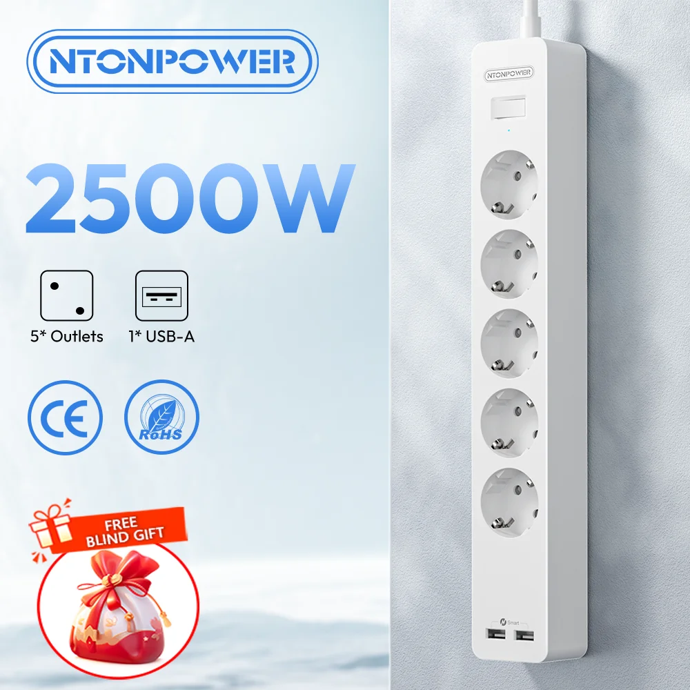 

5-Outlet Power Strip with 2 USB-A Ports 5m Extension Cord Flat Plug for Furniture Spain Wall Socket Strips European Plug Adapter