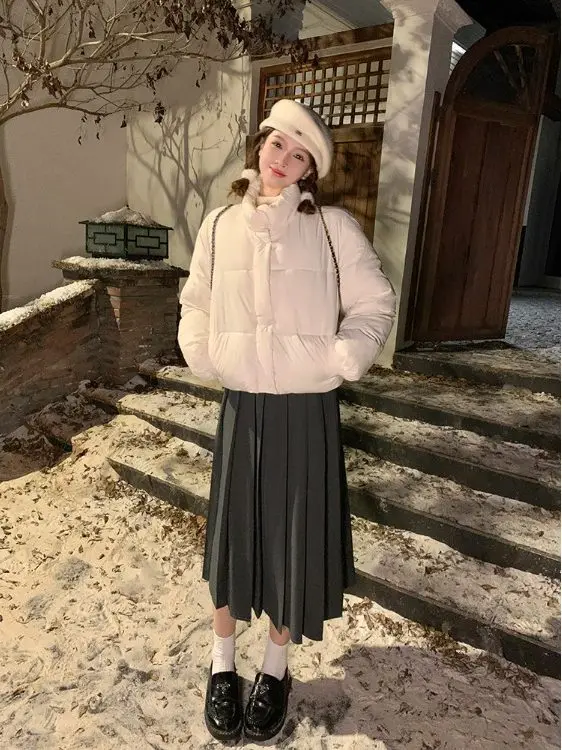 티엔드 퓨어 컬러 스탠드 칼라 브레드 코트 여성용 겨울 아우터웨어 따뜻한 루즈핏 가디건 면옷 출퇴근용