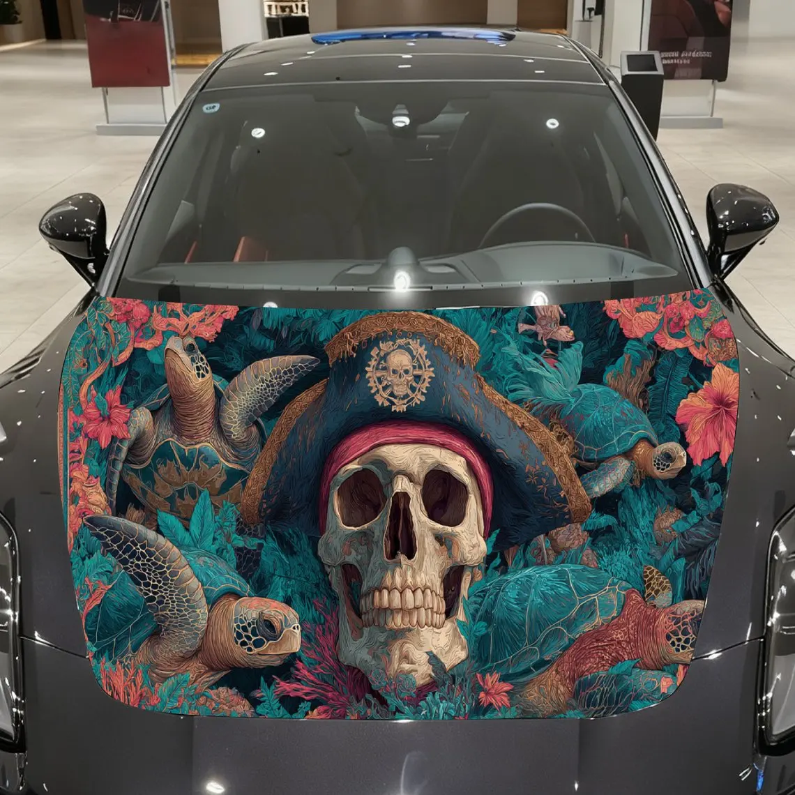 Pirate Skull Turtle Car Hood Wrap, Car Hood Decal, Car Exterior Accessory, Waterproof and Self-adhesive Auto Cover Sticker, Cool