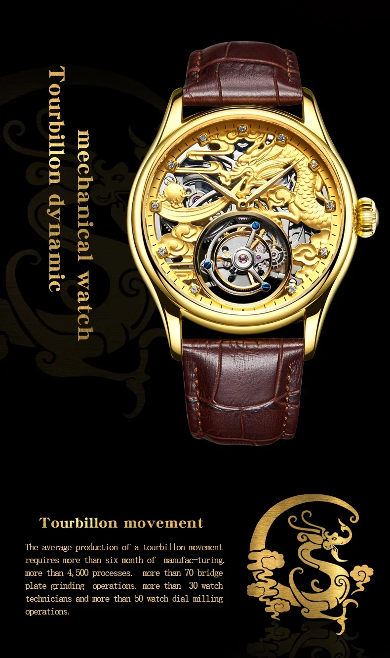 AESOP (7002G) Chinese Zodiac Xianglong Tourbillon Watch for Men, Automatic Mechanical Wristwatch, 42mm Dial 30M Waterproof Gen