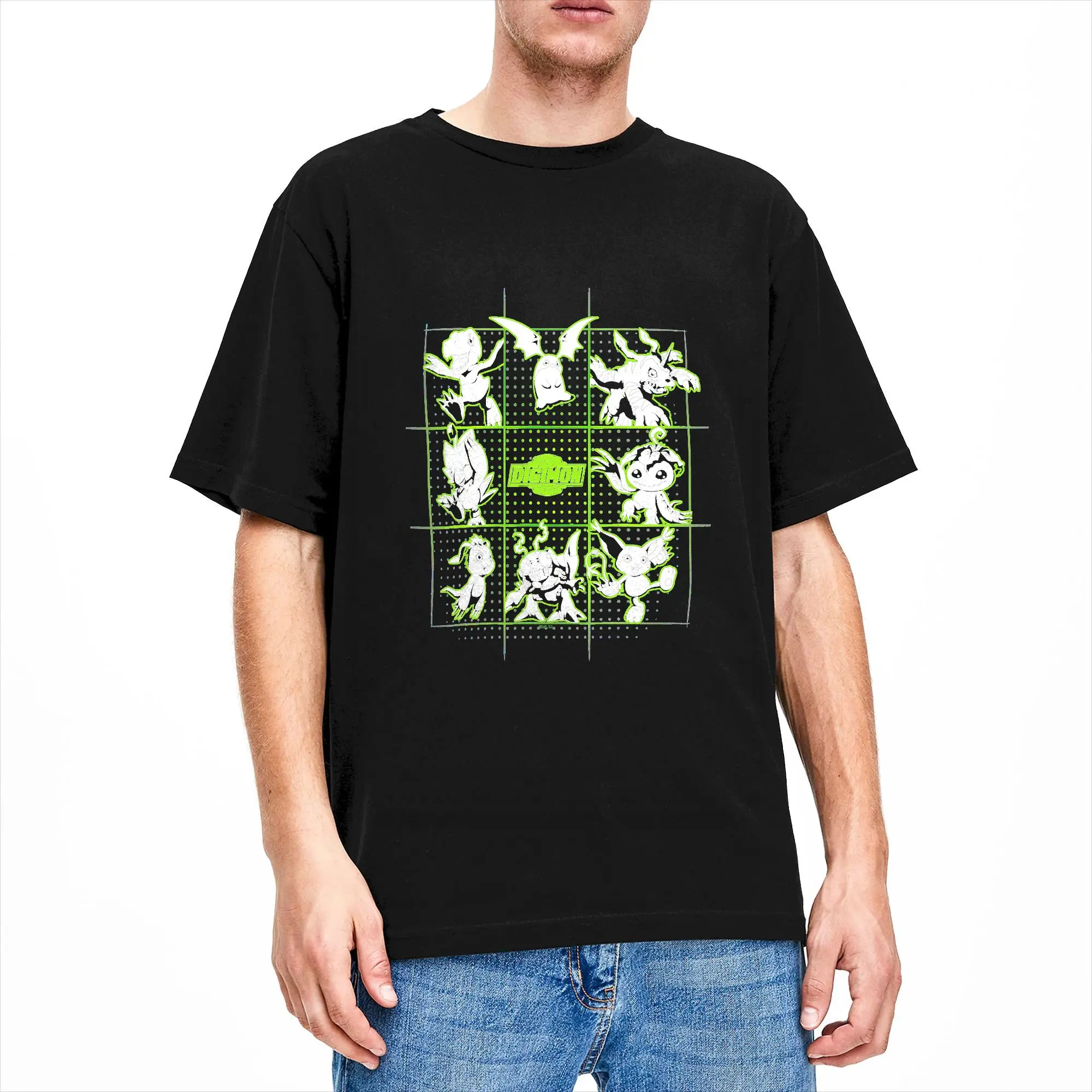 Casual Digimon Digital Character Grid with Logo Digital Monsters T-Shirts for Men Crew Neck Cotton T Shirt Short Sleeve Tees