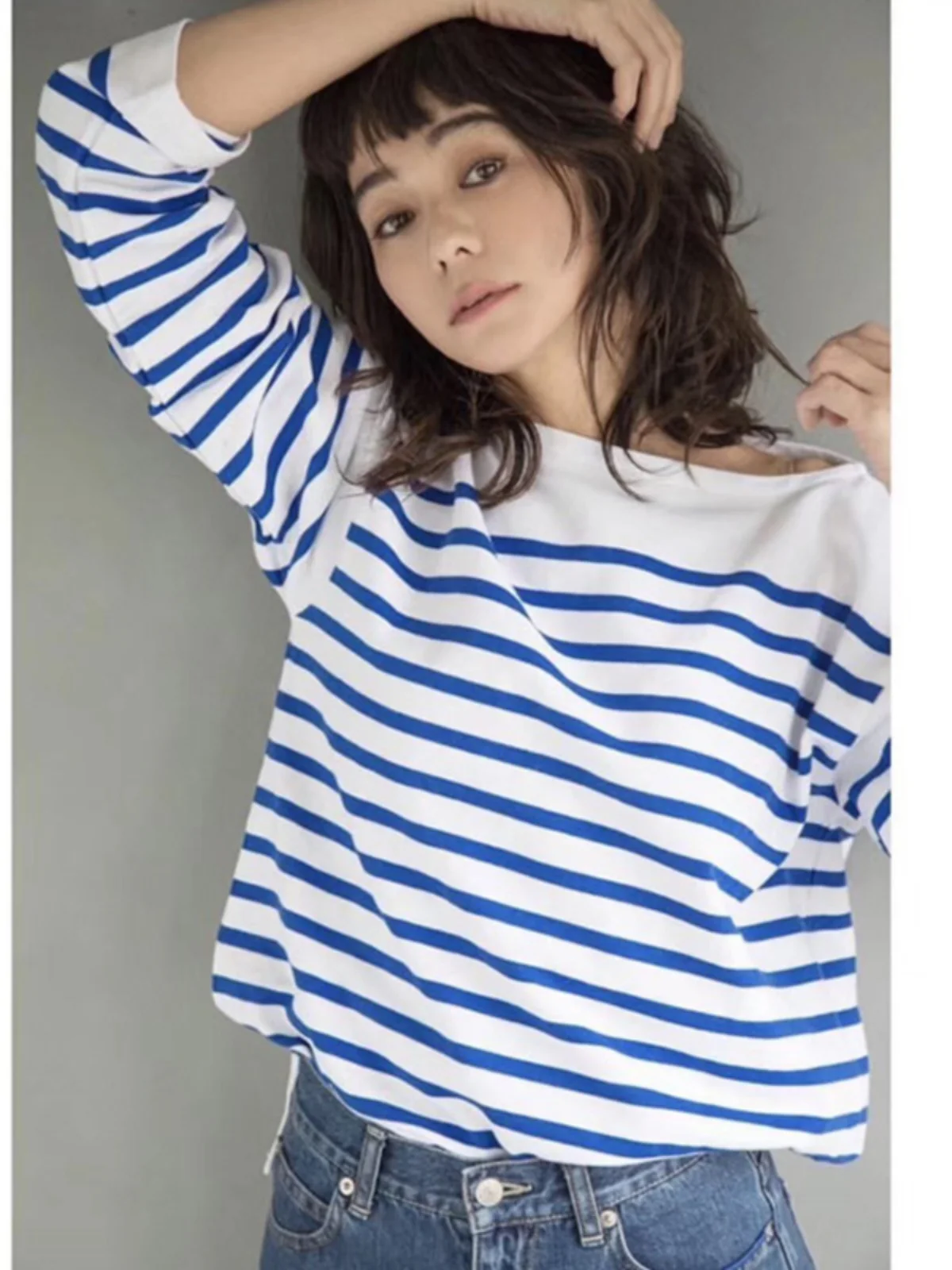 

Classic Orciv@l Pure Cotton Knitted One-oulder Striped Base irt Nine-Sve T-irt Women's Sweet Sle Spring Faion