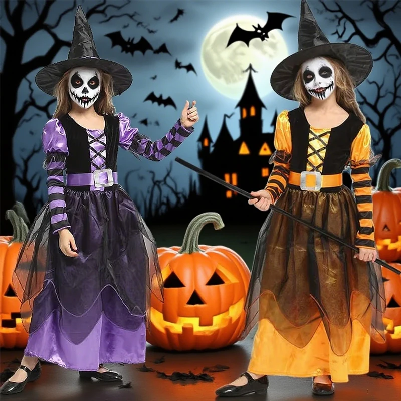 Costume da strega viola per bambini per Halloween Abito da mago da fata per ragazze Abiti da festa di carnevale Abito da vampiro