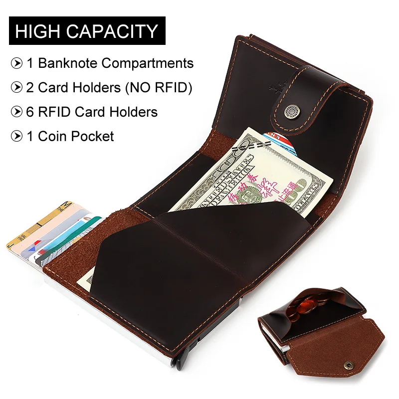 Crazy Horse Leather Coin Purse With Auto Card Dispenser Metal Case Top Grain Genuine Leather Men's Credit Card Holder