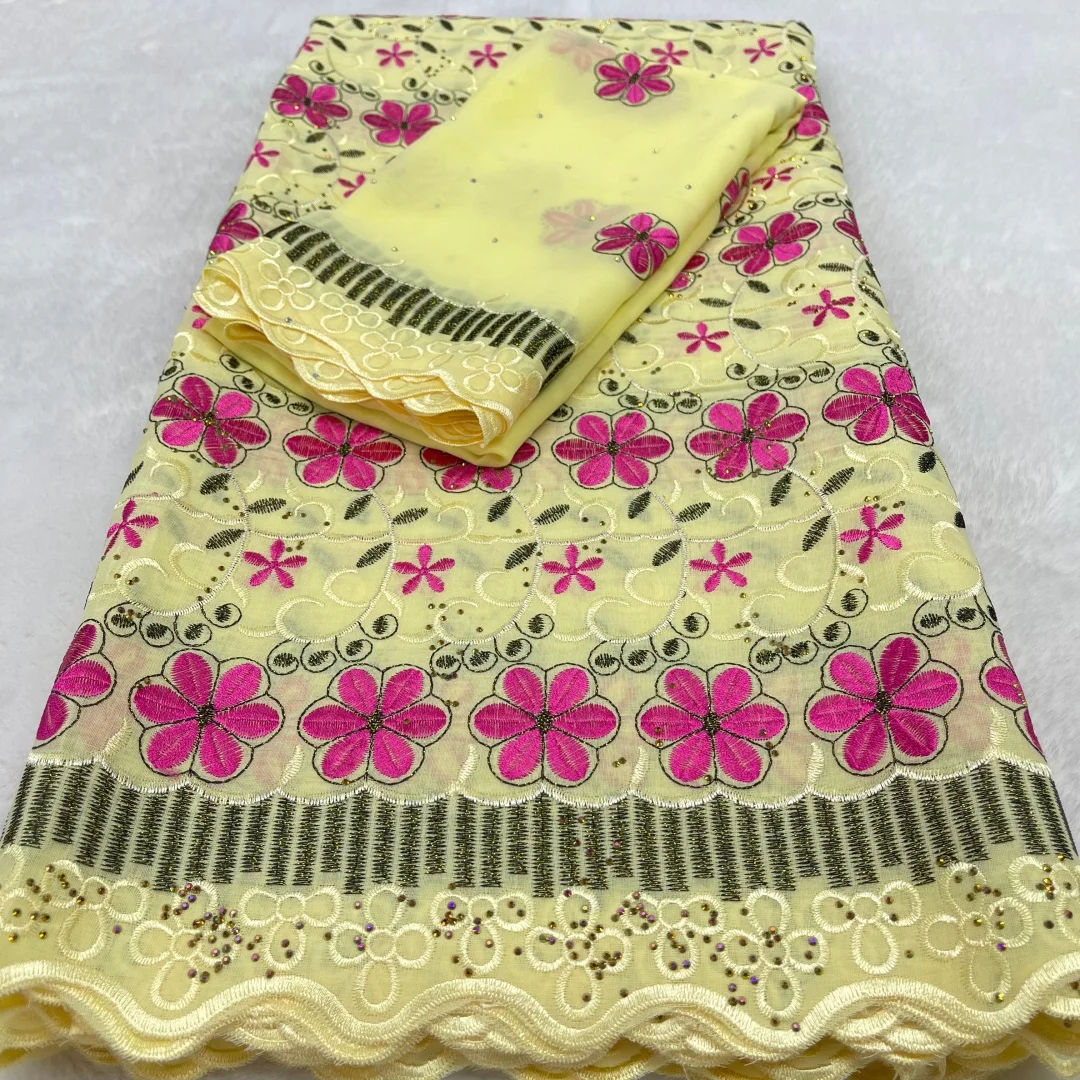 

2026 5 Yards Yellow African Swiss Voile Lace Fabric Embroidered Lace High Quality African 100% Cotton Lace Fabric For Wedding