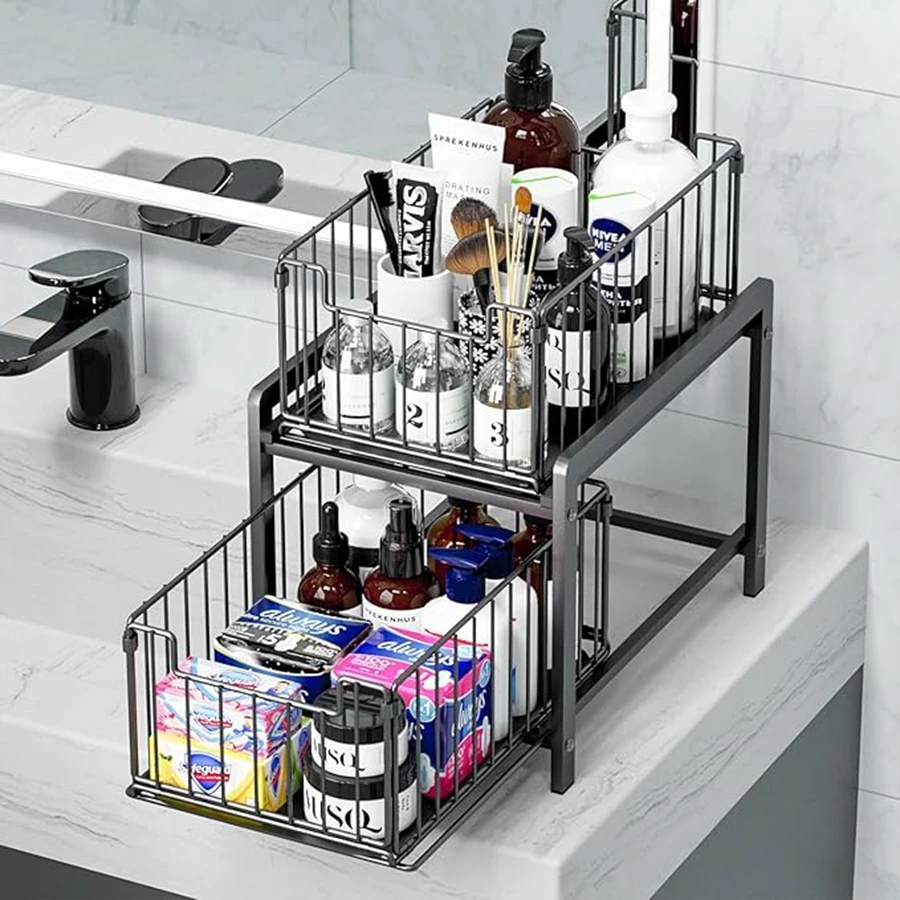 

Under Sink Shelf Cabinet Organizer 2-Layer Removable Pull-Out Kitchen Under Sink Organizer Storage Rack with Drawers 식기건조대