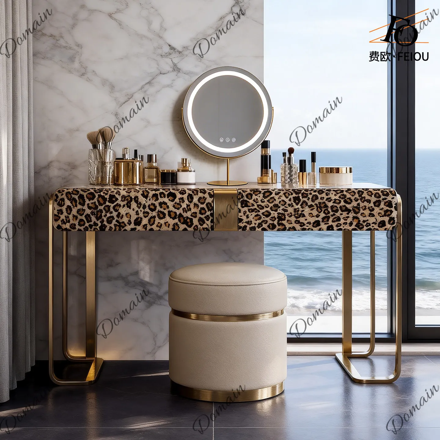 Light luxury makeup table large flat mansion Italian high-grade leopard print cow fur marble master bedroom dressing table
