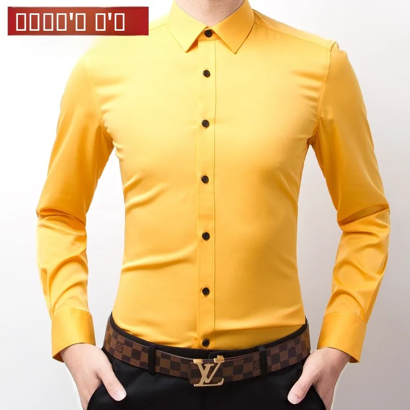 

Yellow Long Sve Men's irt Smooth Casual Anti-Wrinkle Faion Busin Slim Fit Korean Version Haome Spring Autumn