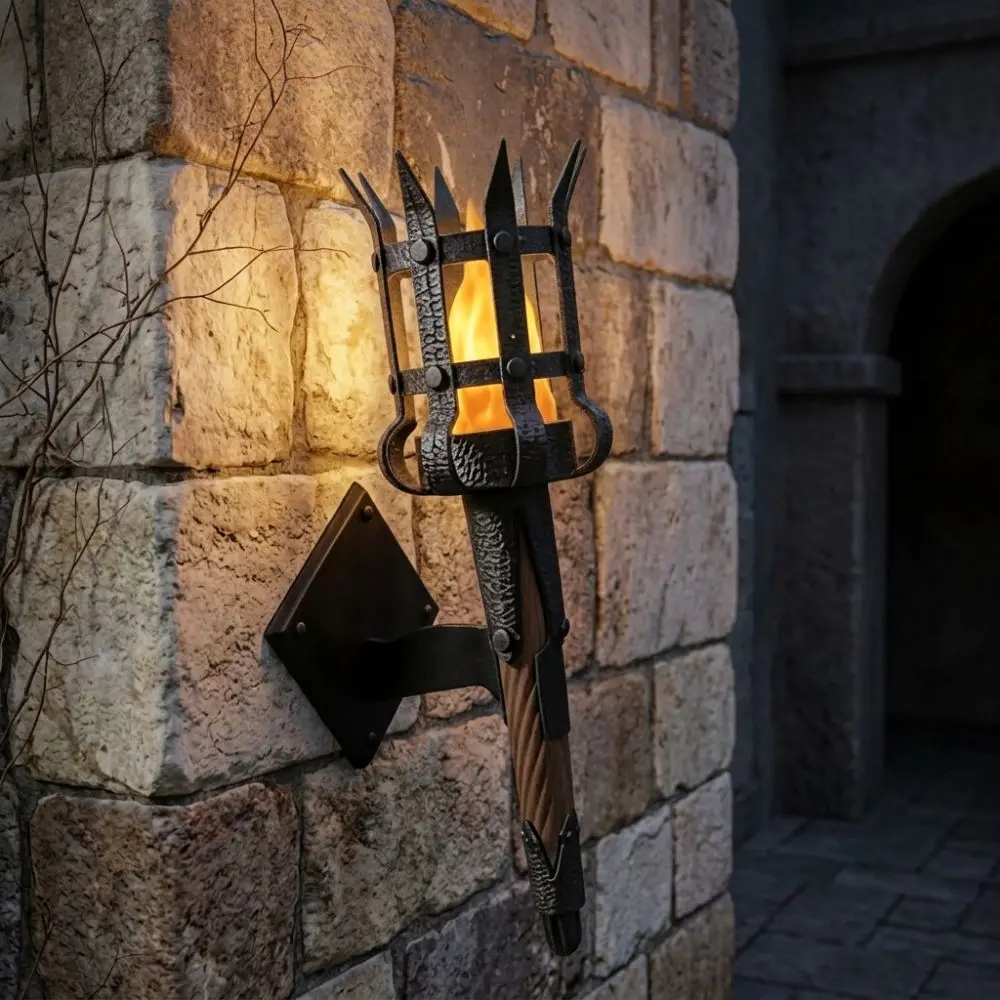 Vintage Medieval Torch Wall Lamp Dual Torch Led Lighting Fake Torch Wall Sconce Fantasy Theme Hand-Held Retro Wall Craft Lamp