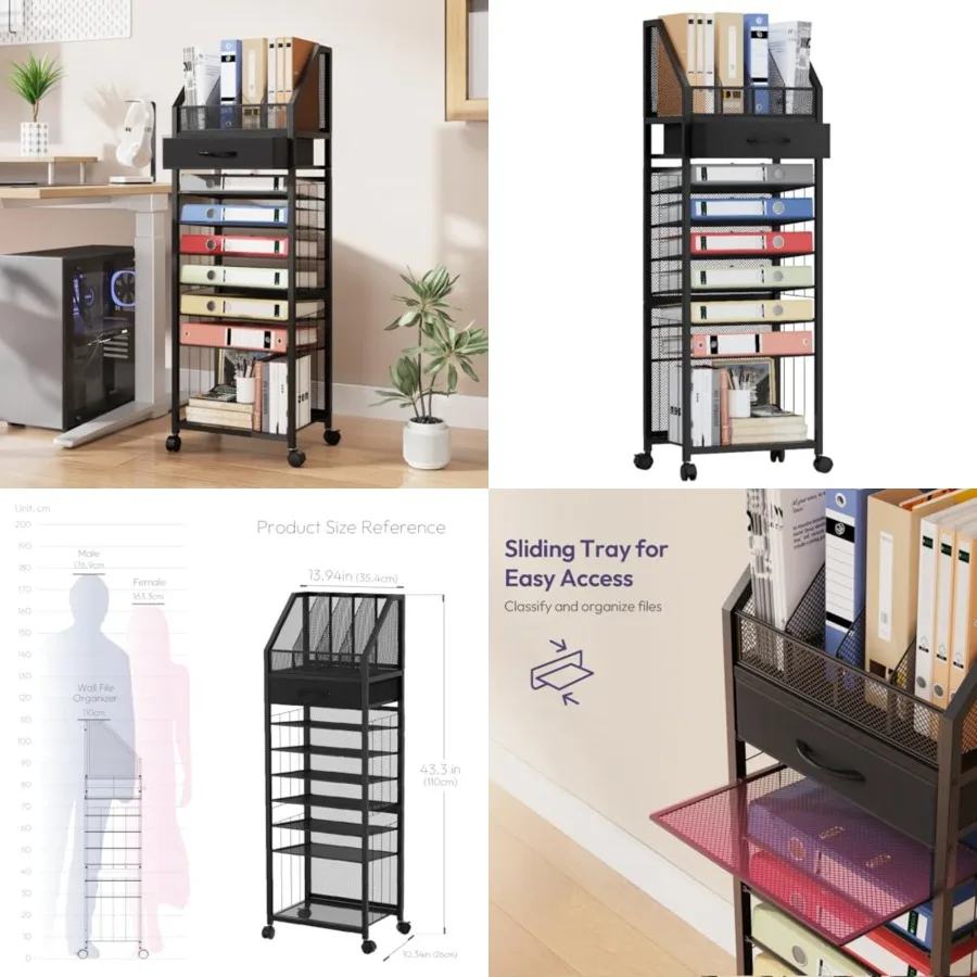 

9-Tier Rolling File Cart - Paper Organizer with Drawer and Trays, Wood Desk Office Organizer, Office Organization and Binder St