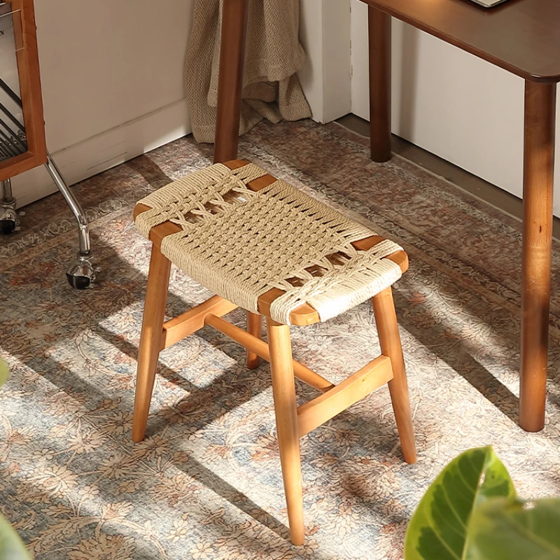 French Solid Wood Shoe Stool  Woven Rattan Side Table  Compact Dressing Table Ottoman  Versatile Bedside Cabinet