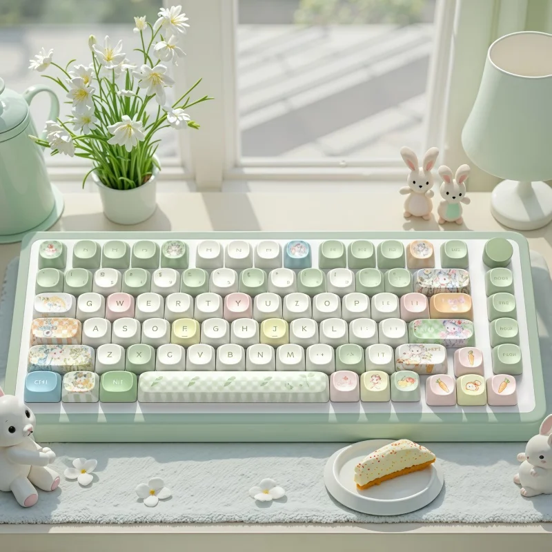 

Picnic Bunny Keycap Five Sided Heat Sublimation MOA Height 112 Key PBT Material Opaque Box Cross Axis Ergonomic Silky Touch Cute