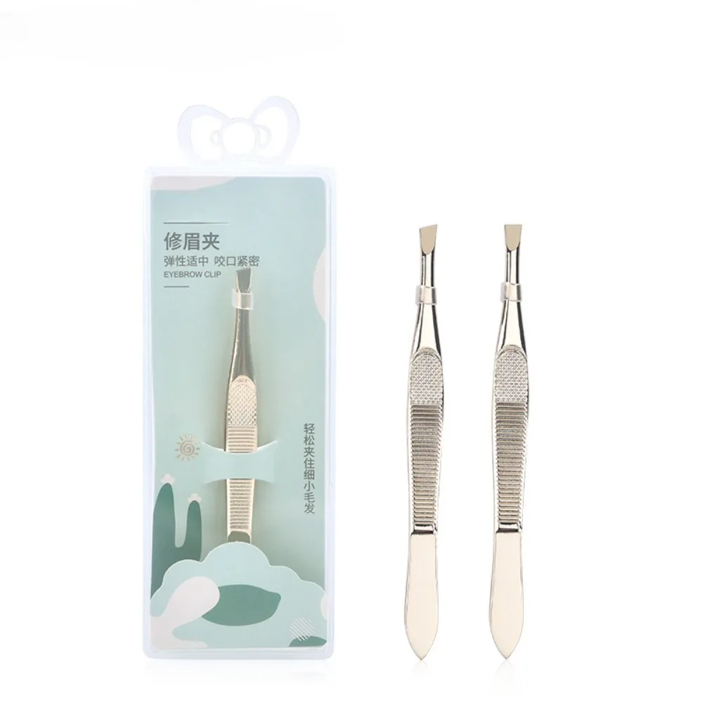 Pinzas para cejas de acero inoxidable dorado, con estilos planos y oblicuos, pinzas para desplumar cejas y barba, herramientas