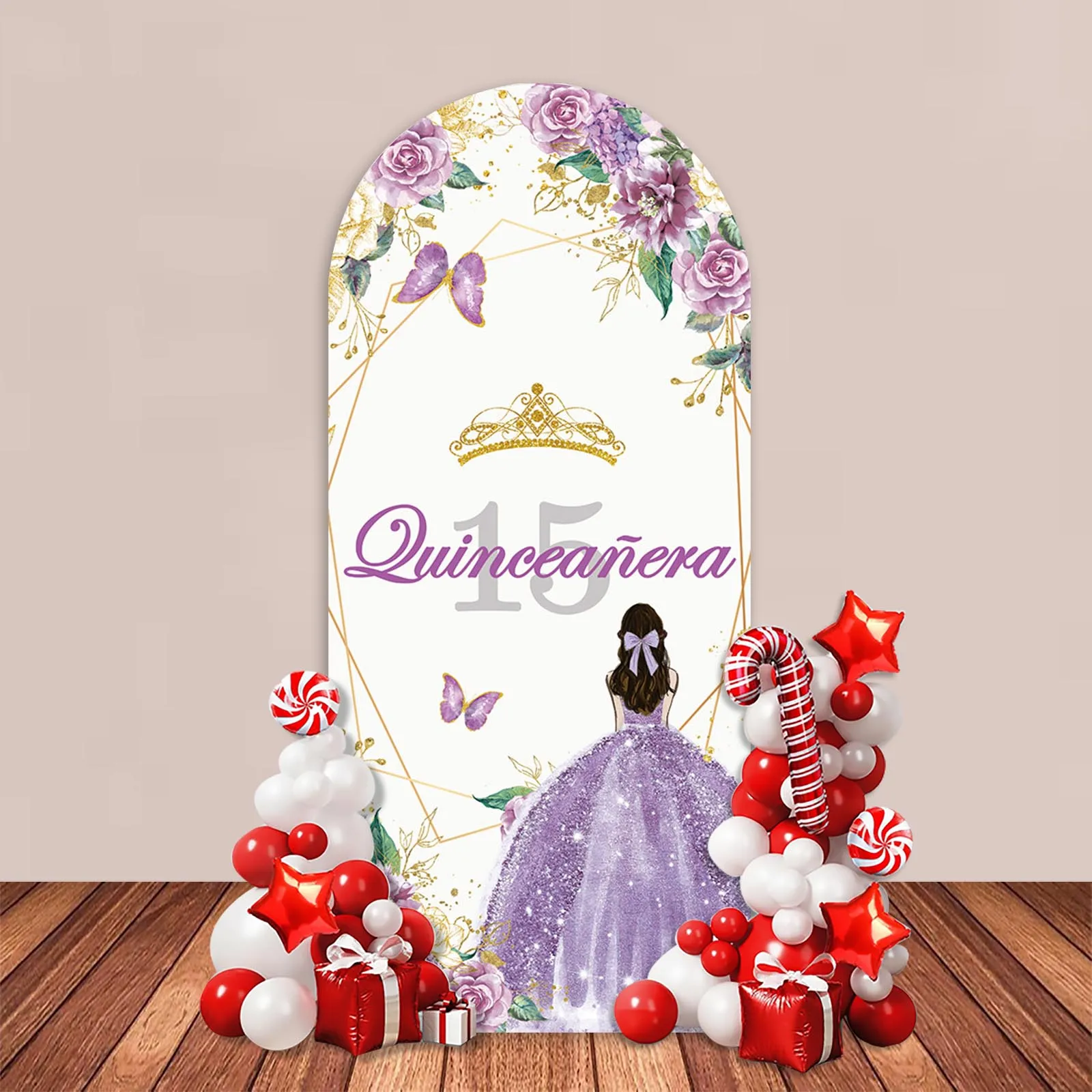 Арка Фон Крышка Quinceanera 15th Birthday Party Декор Фон Цветочная Корона Девушки Торт Настольный Портрет Фотозона