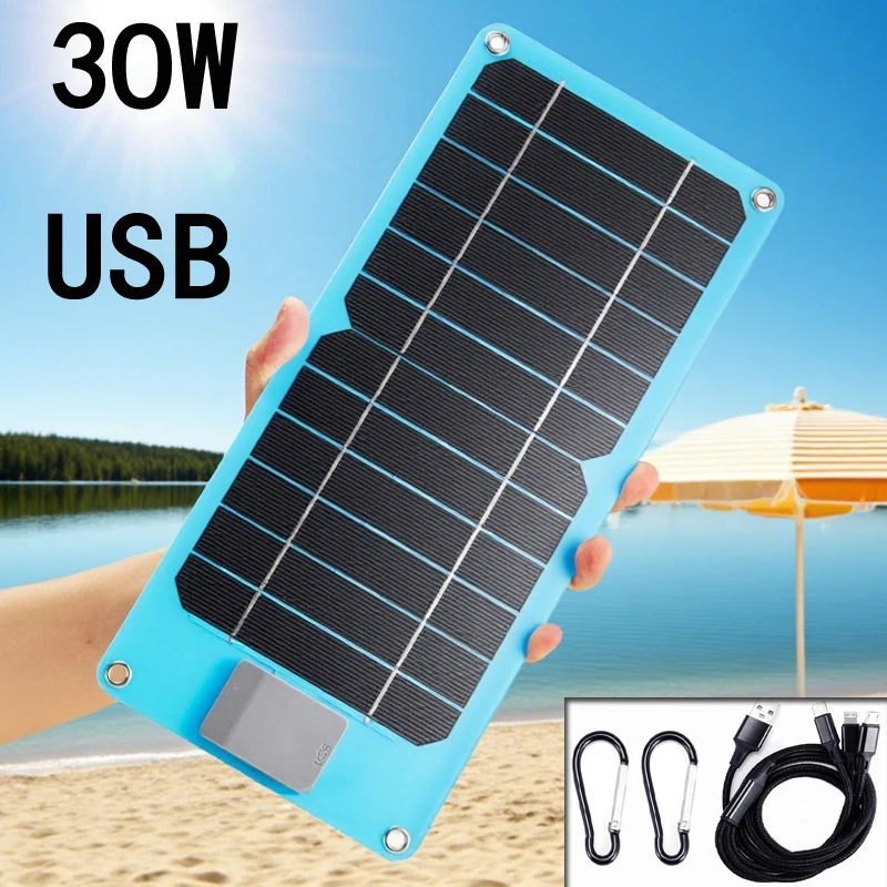 30W Solar Panel Portable Charger 5V USB Fast Charging for Phone Power Bank Outdoor Camping Hiking Waterproof Solar Power