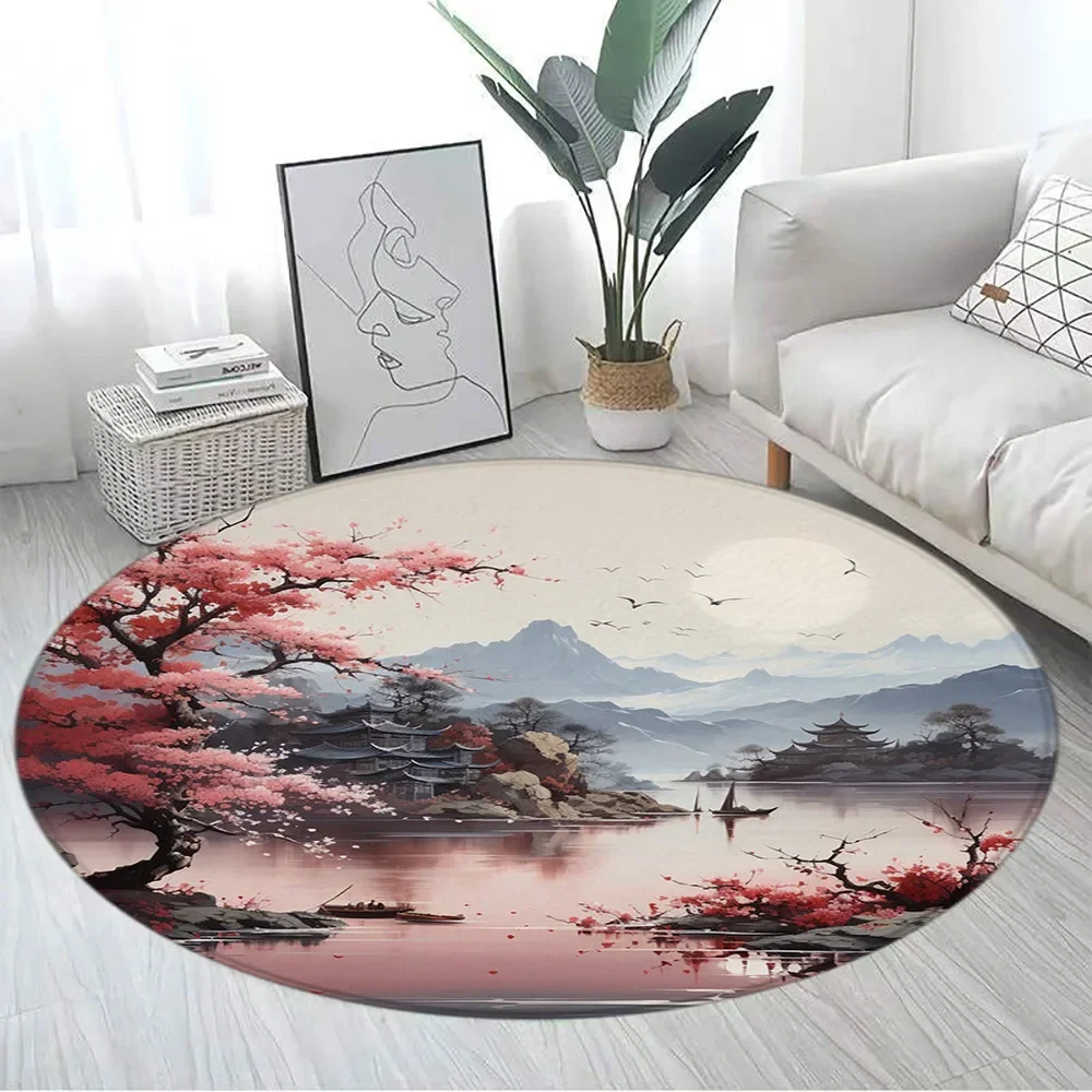 Japanese Style Round Carpet Mountain Cherry Blossom Koi Octopus Lotus Sea Waves Ink Art Living Room Home Decor Mats Floor Rugs