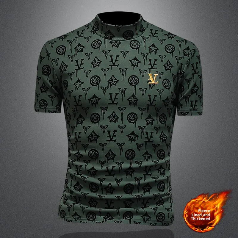 

Thiened Fce ort Sve T-irt Men's Winter Cotton Print Base irt f Sve Stand Warm Faion Urban Sle Geometr...