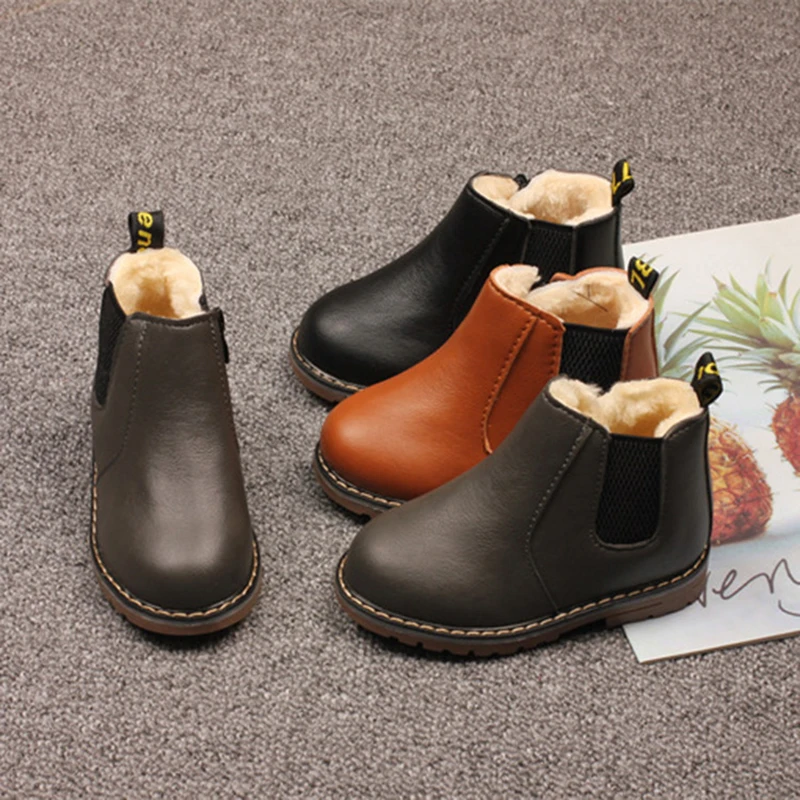

Spring Autumn Winter Plush Shoes For Children Black Brown Grey Solid Snow Boots Fahion Sewing Leather Martin Boots Keep Warm