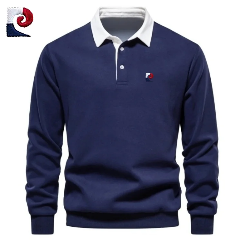 

New men's high-quality 100% cotton long sleeved polo shirt for autumn and winter fashion, casual, warm and versatile top