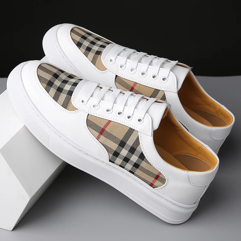 Men Classic Checkered Patchwork Thick Soled Casual Board Shoes Shock-absorbing Breathable Fashionable Commuting Street Shoes