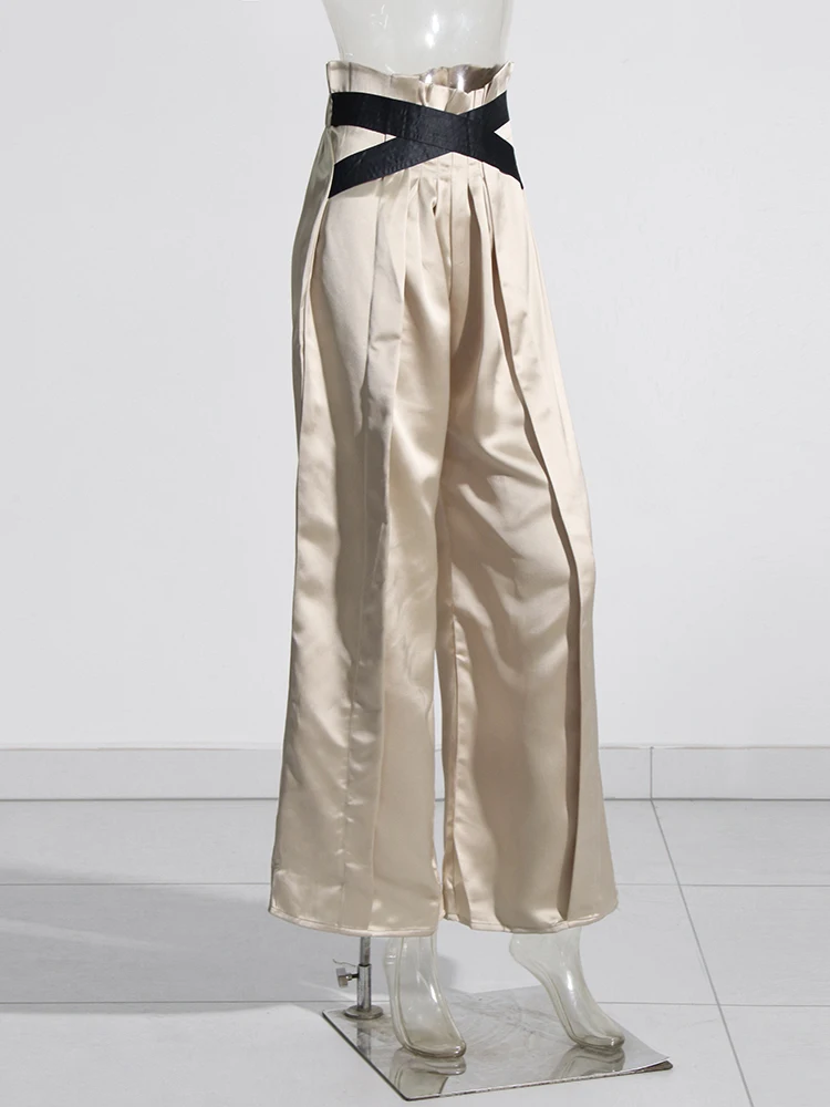 TWOTWINSTYLE Hit Color Casual Wide Leg Pants For Women High Waist Patchwork Folds Loose Full Length Trousers Female Fashion New