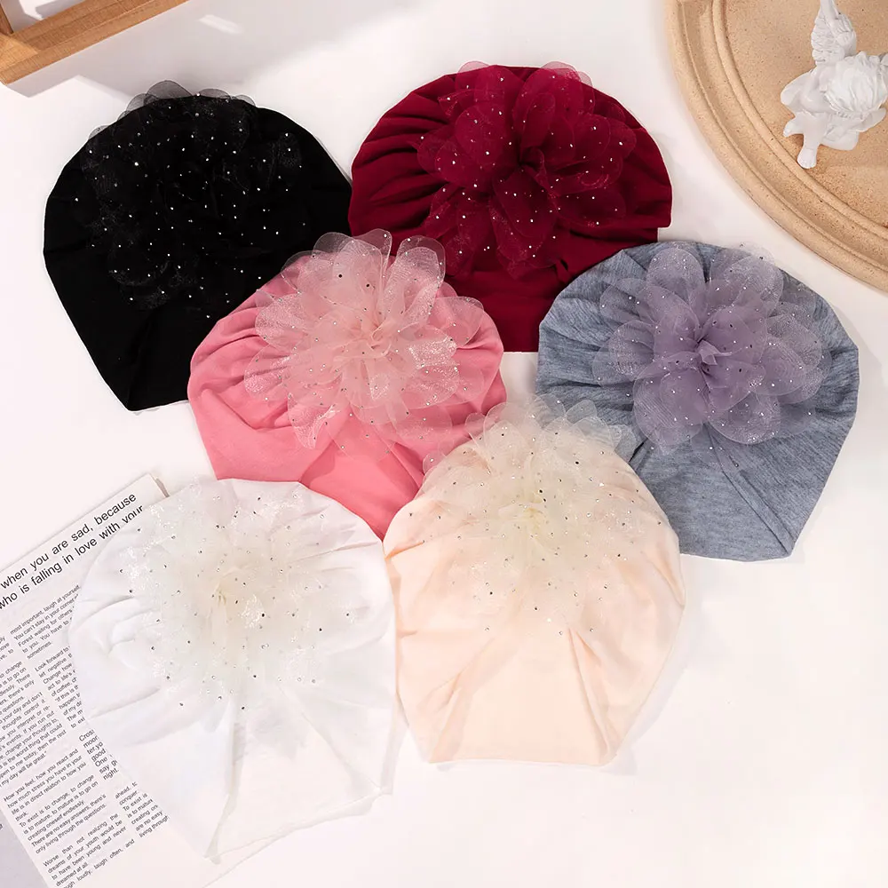 Solid Big Chiffon Flower Cotton Baby Turban Hats for Boys Girls Beanies Thin Elastic Caps Bonnet Newborn Toddler 0-3T Headwraps