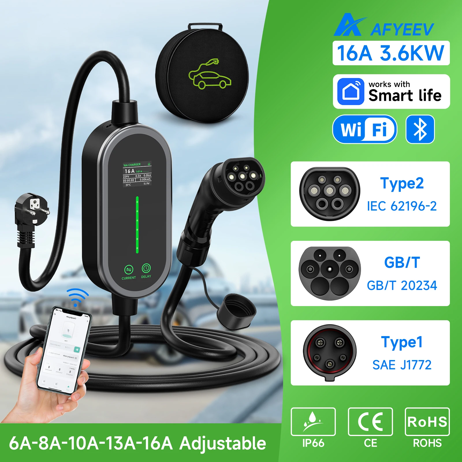 AFYEEV 3600W Portable Type2 IEC62196-2 EV Charger Type1 SAE J1772 Electric Car Charger GBT EVSE Charging Cable Wallbox EU Plug