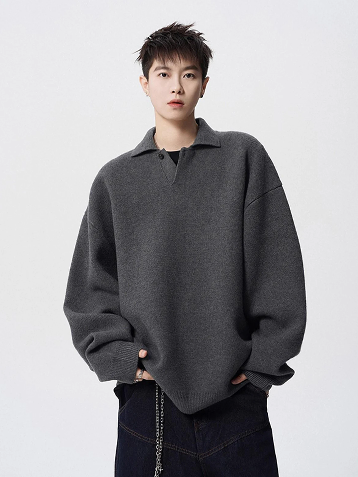 

Cleanfit Retro Henry Collar Sweater Men Winter Trendy Heavyweight Arctic Fce Warm Comfortable Flip Collar Knitted irt